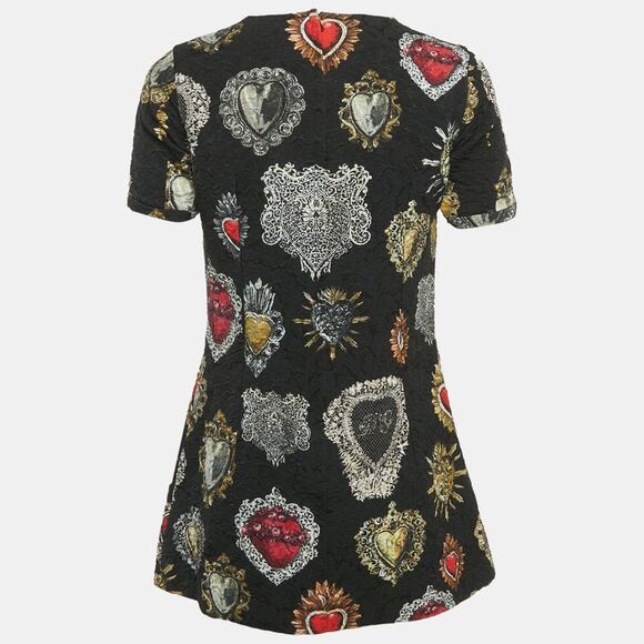 Dolce & Gabbana Black Crest Printed Cotton Jacquard Mini Dress M - Picture 2 of 5